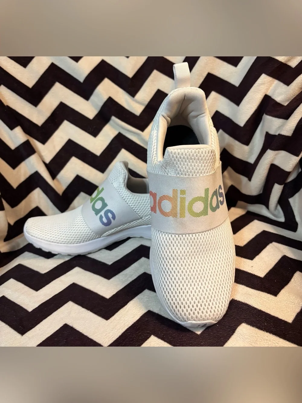 adidas Women's White Slip-On Sneakers with Rainbow Logo